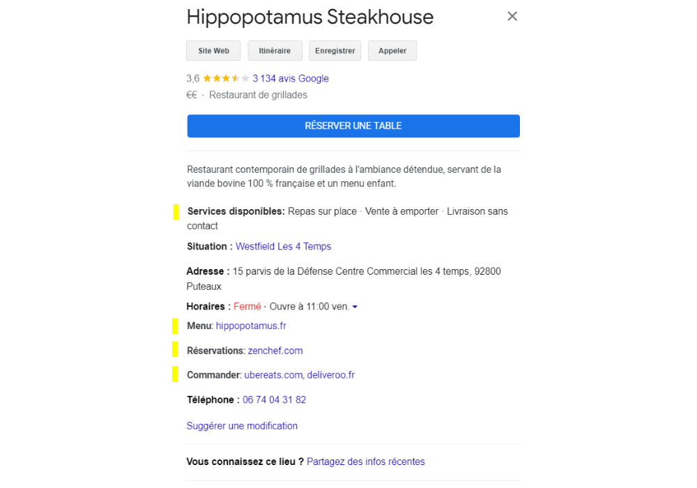 exemple de fiche GBP pour un restaurant